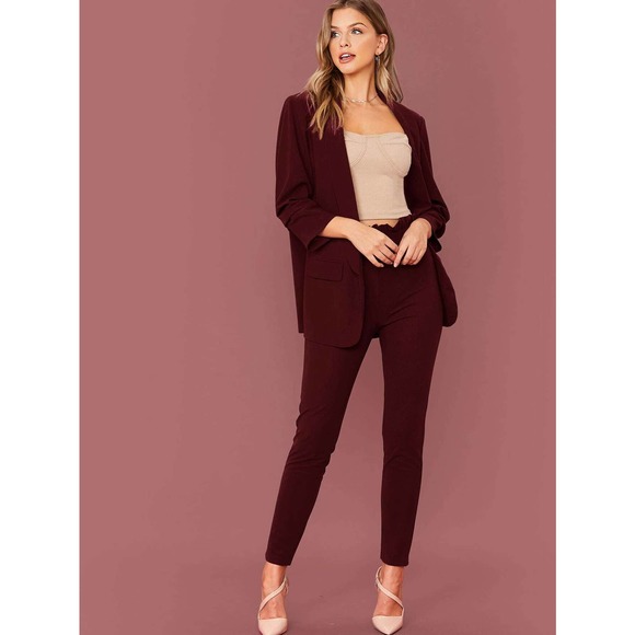 2 piece pantsuit: Shawl Collar Blazer & Paperbag Waist Pants Set green - Picture 10 of 11